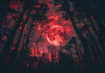 Dark Forest Red Moon Night Sky Horror