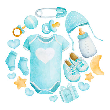 watercolor baby boy clothes and accessories clip art preview