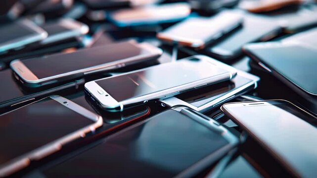 A pile of mobile phones with varying screen sizes and shapes