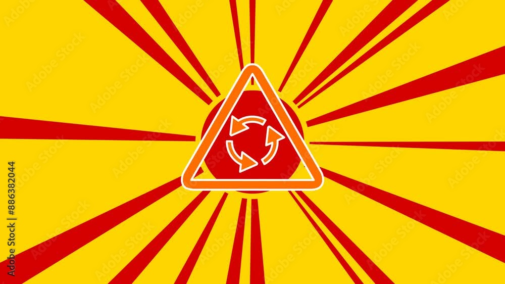 Poster roundabout sign on the background of animation from moving rays of the sun. large orange symbol incr
