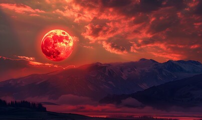Red Moon Over Snowy Mountain Landscape