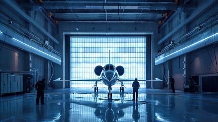 aerodynamics testing in a high-tech wind tunnel, aircraft model undergoing rigorous tests, engineers analyzing airflow patterns and data