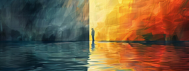 An abstract art piece featuring a colorful and vivid reflection in water, creating a serene and peaceful atmosphere. Suitable for decor and design purposes.