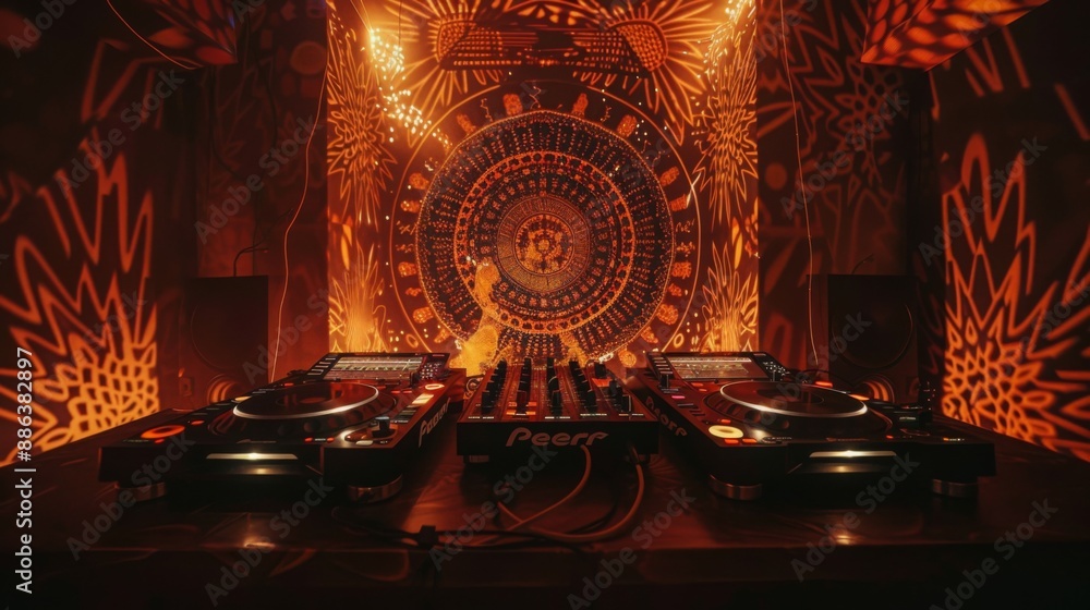 Poster a dj setup in a dark room with red lighting, featuring two turntables and a mixer. the wall behind t