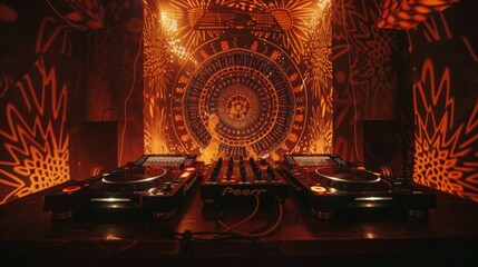 A DJ setup in a dark room with red lighting, featuring two turntables and a mixer. The wall behind the setup is decorated with intricate patterns.