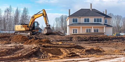 Fototapeta premium A large construction site with a yellow excavator and a house in the background. The house is white and has a lot of windows