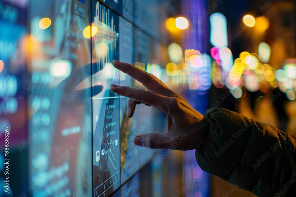Poster a person using a digital screen at night, pointing at the display, develop a responsive touch screen