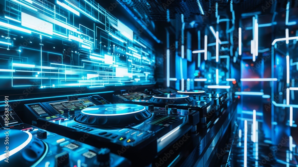 Aufkleber a dj booth with multiple turntables and a digital display behind them. the room is illuminated by br
