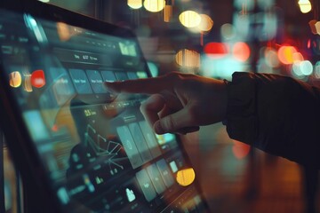 A hand gestures towards a computer screen in a dark setting illuminated by the computers glow, Develop a responsive touch screen interface that adapts to user preferences and habits