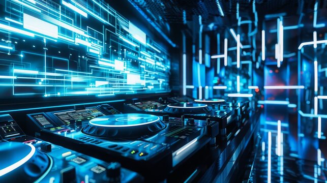 A DJ booth with multiple turntables and a digital display behind them. The room is illuminated by bright blue lights.