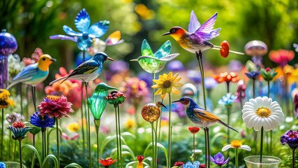 A garden with glass flowers, each one delicately crafted and surrounded by fluttering glass birds.