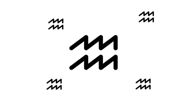 Zoom in and out animation the zodiac aquarius symbol. Large black symbol in the center and four small symbols around. Seamless looped 4k animation on white background