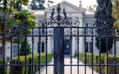 Wrought-iron gates in the park at sunset © Mahmud Creative