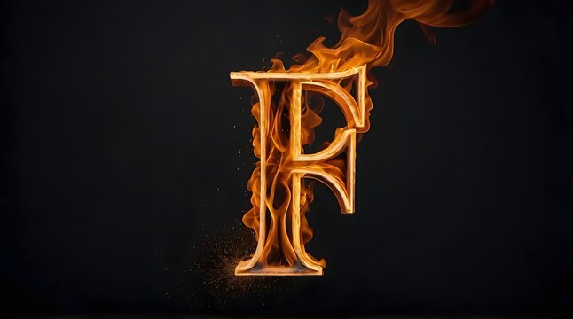 The letter F in 3D, in blakc color, it's on fire, there are yellow fire flames on it, it's burning, there is a lot of yellow and orange smoke around, smooth black background.