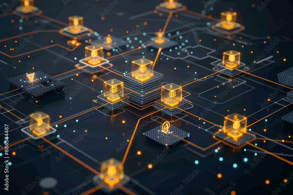 Aufkleber a computer network with glowing orange lights representing data transfer and connectivity, develop a