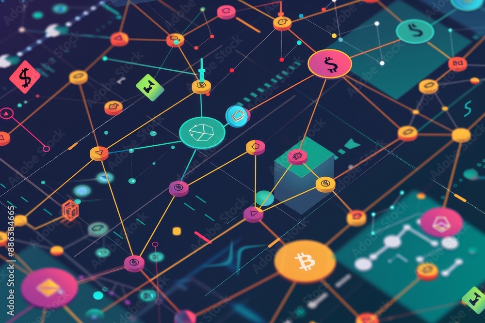 Poster a vibrant network of colorful icons interconnected in a digital display, develop a visual representa
