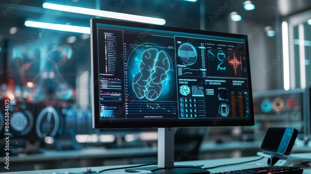 Poster computer screen showing brain scan and data