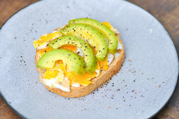 bread with egg and avocado topping