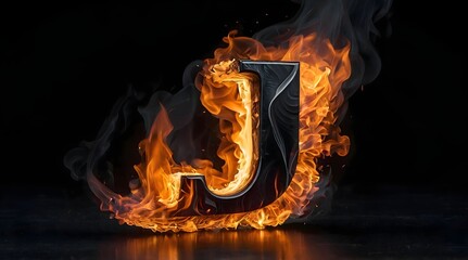 The letter J in 3D, in black color, it's on fire, there are yellow fire flames on it, it's burning, there is a lot of yellow and orange smoke around, smooth black background.