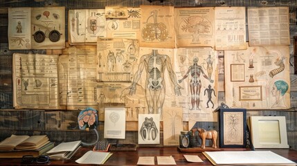 Vintage Medical Illustrations on Wooden Wall.