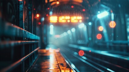 Empty Subway Platform During Rainy Night With Blurry Lights