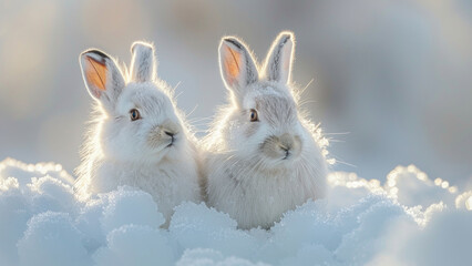 Two Adorable Arctic Hares Sitting in Fluffy Snow with Sunlight

