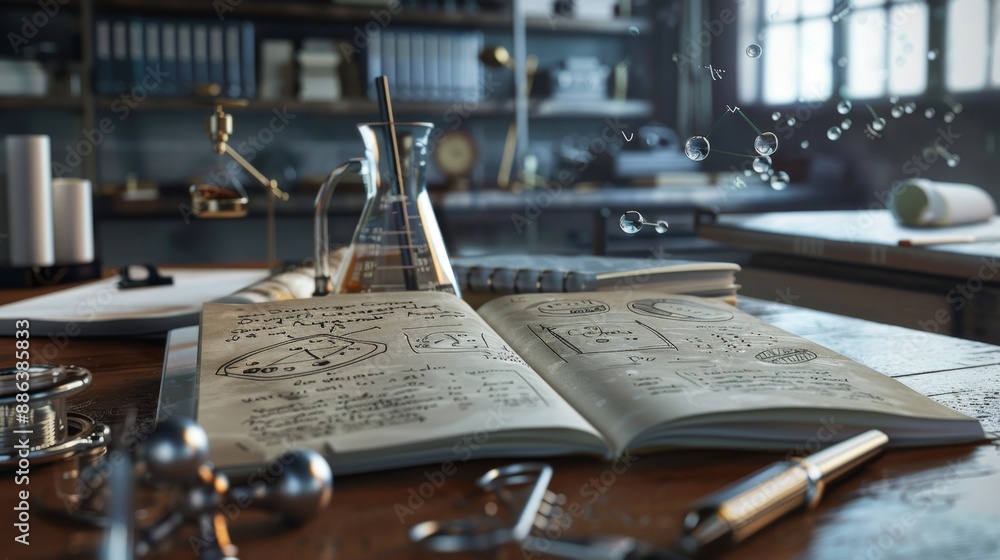 Poster open notebook with drawings and a beaker in a workshop.