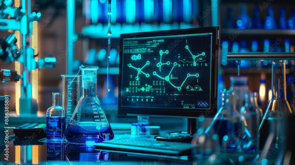 Poster laboratory with blue liquid in flasks and computer with data analysis.