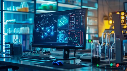 Modern Laboratory Workstation with Computer and Scientific Equipment.