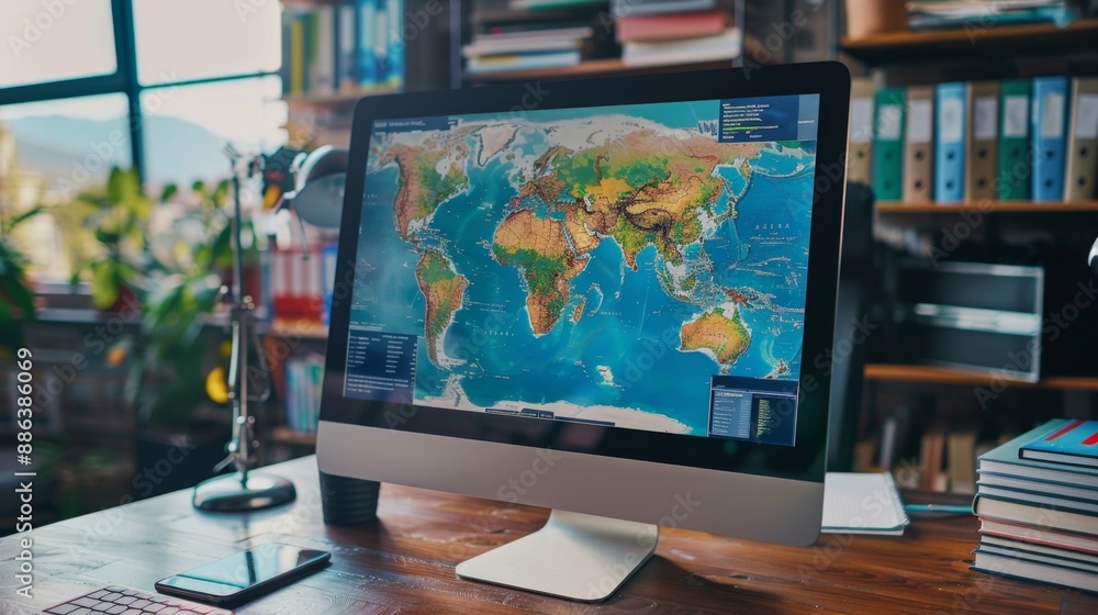 Poster world map on computer screen on a desk.