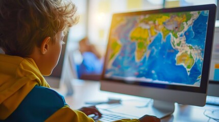 Child studying geography on computer.