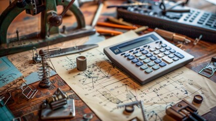 Calculator, Tools, and Drawings on a Wooden Table.