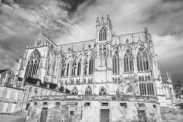 The cathedral of Metz in Metz, Lorraine region, France in black and white
