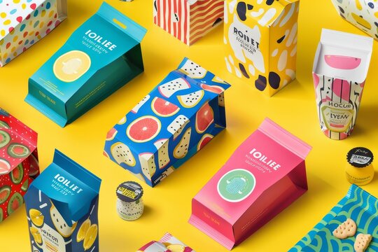 Various vibrant packaging designs displayed on a bright yellow background, Developing eye-catching packaging designs
