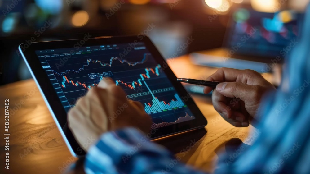 Fototapete a financial advisor explaining a stock market graph to a client using a tablet.