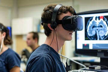 Multiple individuals wearing virtual reality headsets in a medical office setting, Developing virtual reality simulations for medical training and education