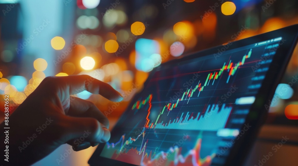Fototapete a financial advisor explaining a stock market graph to a client using a tablet.