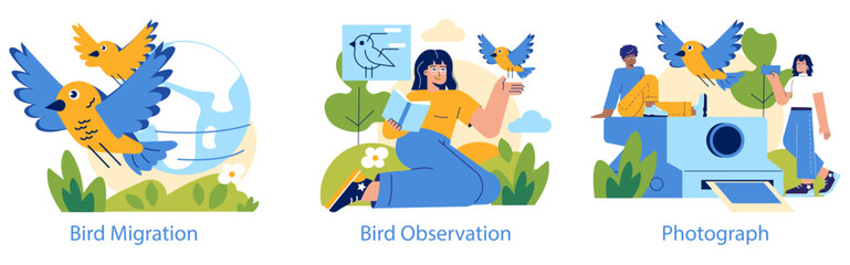 Birdwatching. Flat Vector Illustration