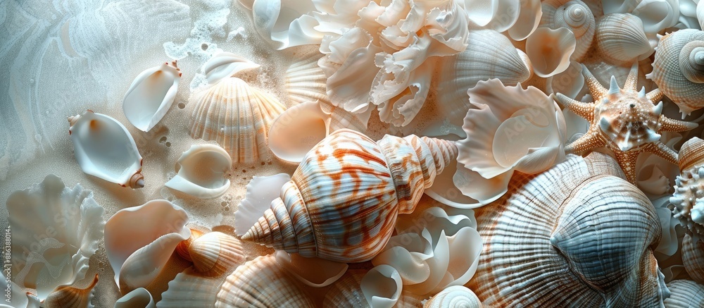 Poster seashells with intricate light or floral patterns for a copy space image.