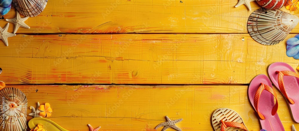 Poster yellow wooden background with a frame created from flip-flops offering copy space image.