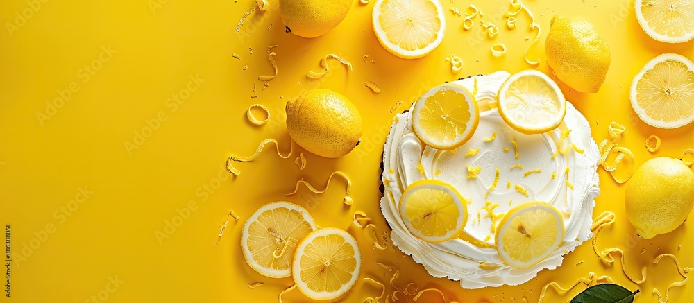 Poster top-down view of a lemon cake on a yellow backdrop with copy space image.