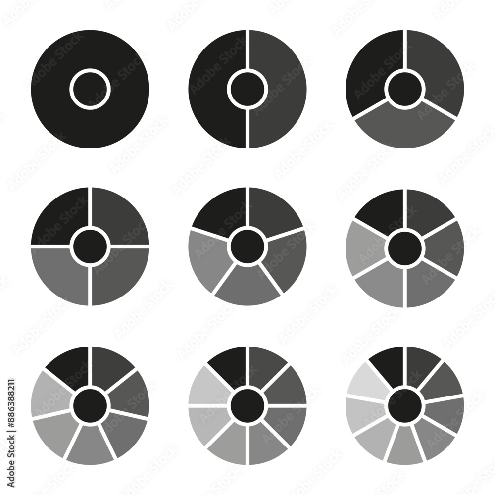 Poster circles divided diagram 3, 10, 7, graph icon pie shape section chart. segment circle round vector 6,