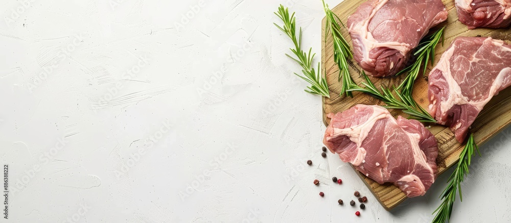 Poster top view of uncooked rabbit meat on a cutting board against a white backdrop, with empty space for a