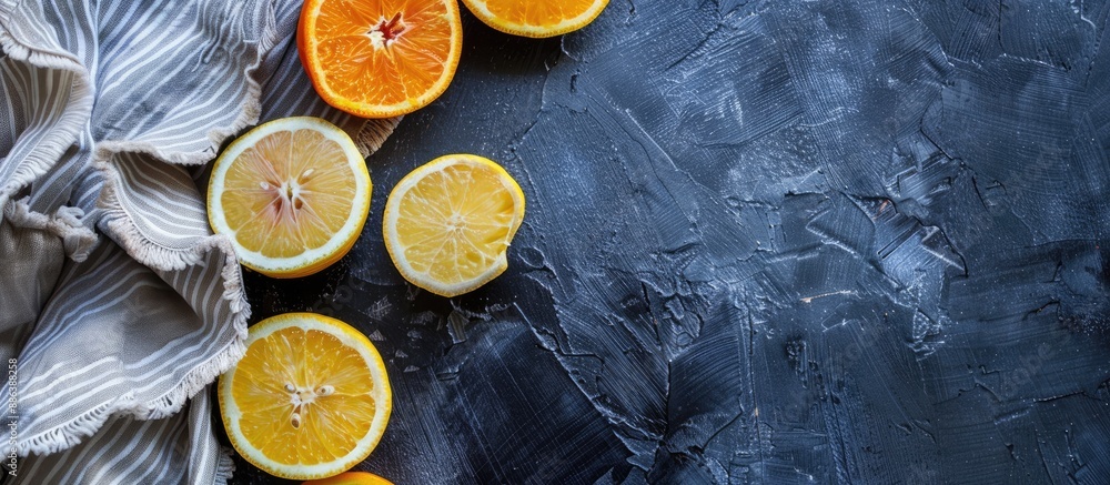 Poster minimalistic flat lay top view of lemon and mandarin slices on a dark background with a light-colore