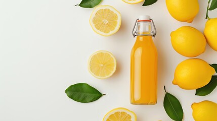 Bottle of lemon juice on solid white background