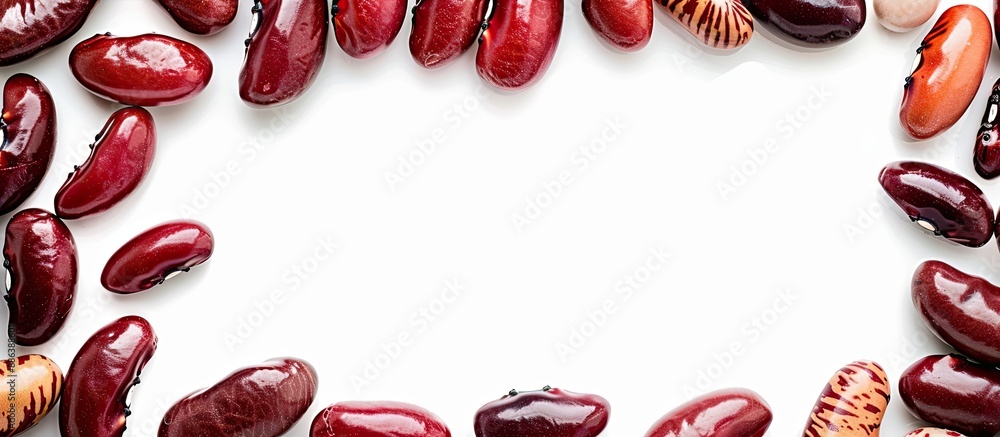 Poster various kidney beans arranged from above, creating a circular frame for a copy space image against a