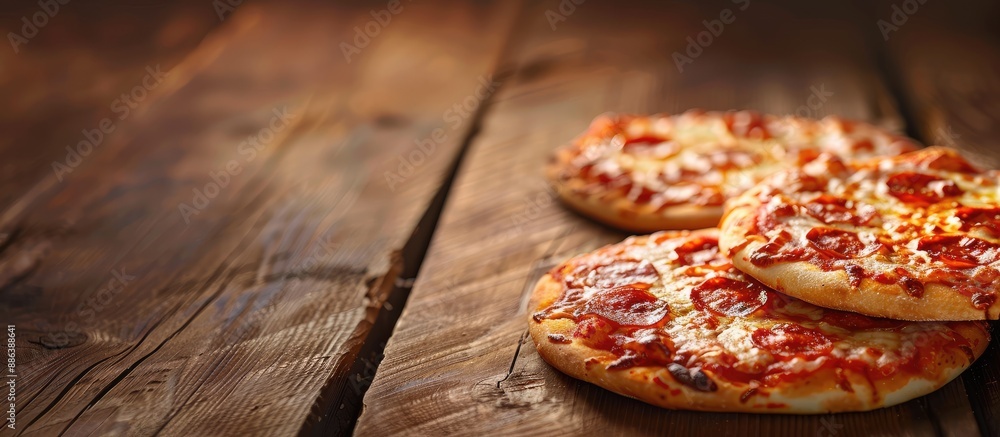 Poster mini pizzas displayed on a wooden table with a classic pizza background setting, allowing for copy s