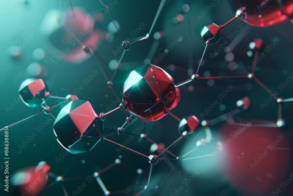Poster a 3d animation showcasing a molecule structure with red and blue particles interacting, devise an en