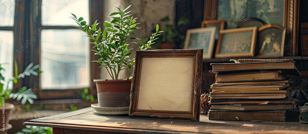 Poster mockup with a blank photo frame displaying a flower in a pot and a stack of old photos on a table, w