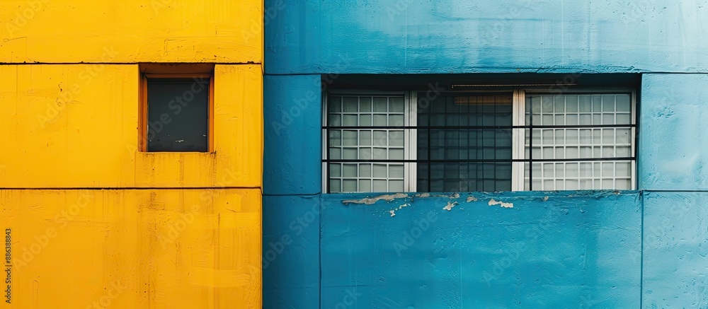 Poster retro style building with yellow and blue walls resembling old-fashioned design, creating a backgrou